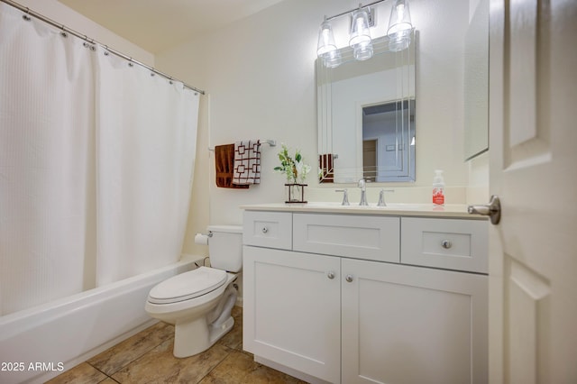 full bathroom with vanity, shower / bath combination with curtain, and toilet