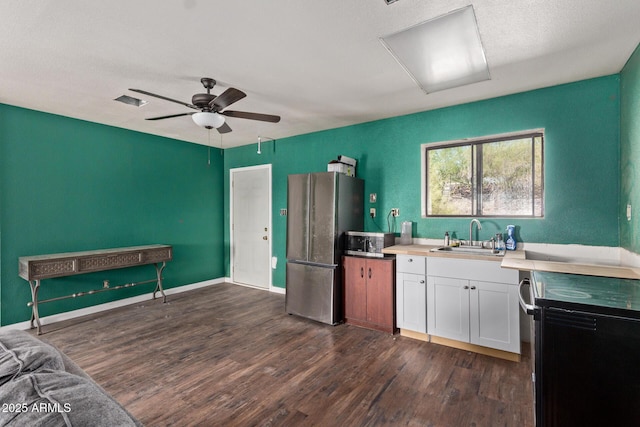 38222 N 19th Ave, Phoenix, AZ 85086 - kitchen with freestanding refrigerator, a sink, dark wood-style floors, dishwasher, and ceiling fan