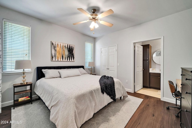 bedroom featuring multiple windows, ensuite bathroom, dark hardwood / wood-style floors, and a closet