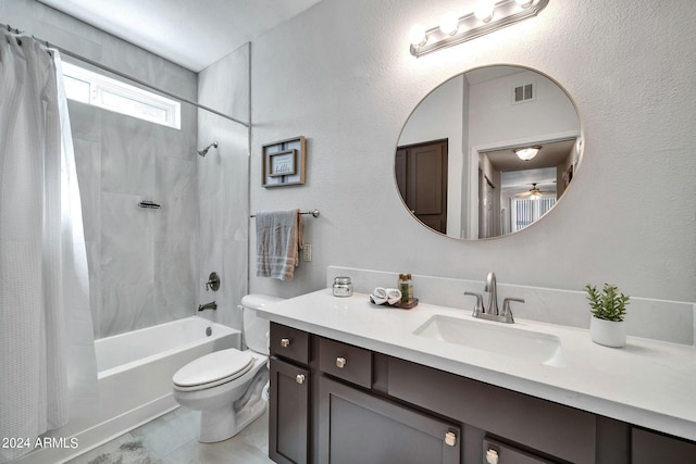 full bathroom with vanity, shower / bathtub combination with curtain, and toilet