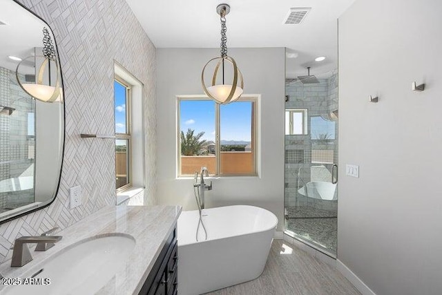 bathroom featuring vanity and plus walk in shower