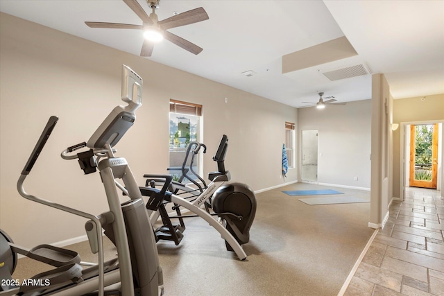 workout room with ceiling fan