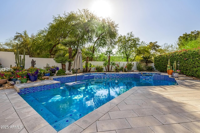 view of swimming pool with a fenced backyard, a patio area, and a pool with connected hot tub