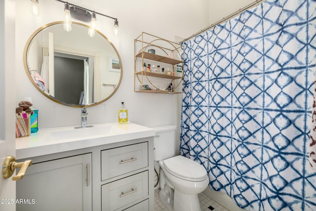 full bath with toilet, vanity, tile patterned floors, and a shower with shower curtain