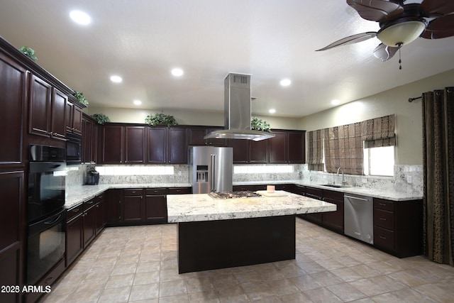 kitchen with dark brown cabinets, black appliances, a center island, a sink, and island range hood