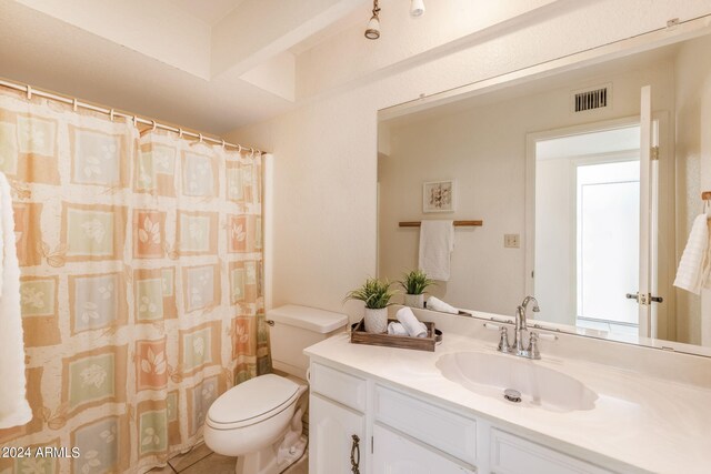 bathroom featuring toilet, vanity, and visible vents