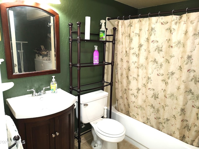 full bathroom featuring toilet, vanity, tile patterned floors, and shower / bathtub combination with curtain