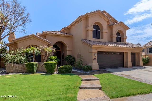 1211 E Desert Flower Ln, Phoenix, AZ 85048 - mediterranean / spanish-style house with a tile roof, stucco siding, a front lawn, and a garage
