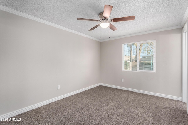 carpeted empty room featuring crown molding, ceiling fan, and a textured ceiling