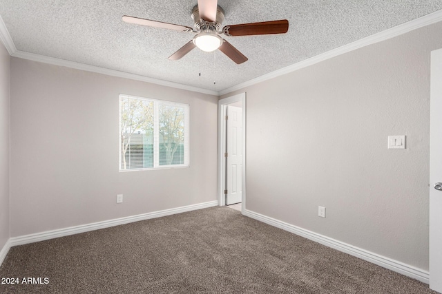 unfurnished room with a textured ceiling, carpet floors, ceiling fan, and ornamental molding