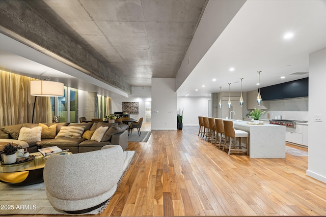 living room featuring sink and light hardwood / wood-style flooring