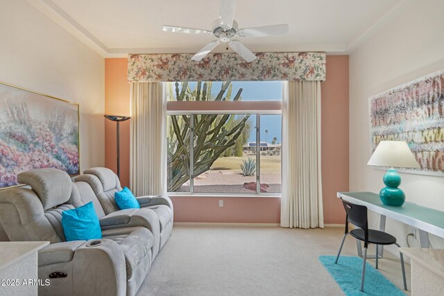 living area featuring ceiling fan, carpet floors, baseboards, and crown molding