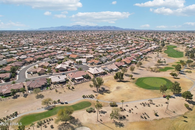 bird's eye view featuring a residential view, view of golf course, and a mountain view