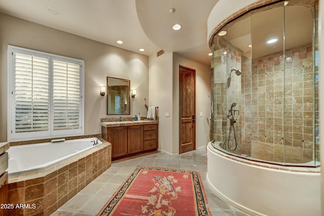 9534 E Monument Dr, Scottsdale, AZ 85262 - bathroom with a garden tub, vanity, tiled shower, recessed lighting, and tile patterned floors