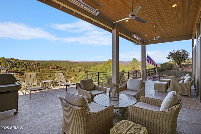 view of patio / terrace with an outdoor hangout area, ceiling fan, and area for grilling