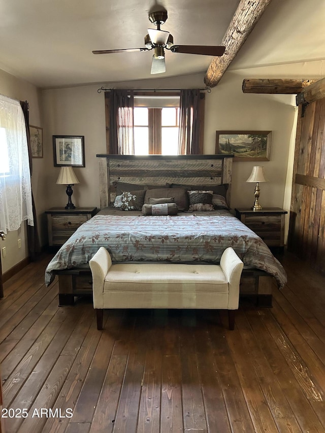 bedroom featuring ceiling fan, dark hardwood / wood-style floors, and beam ceiling