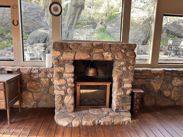 room details with wood-type flooring and a fireplace