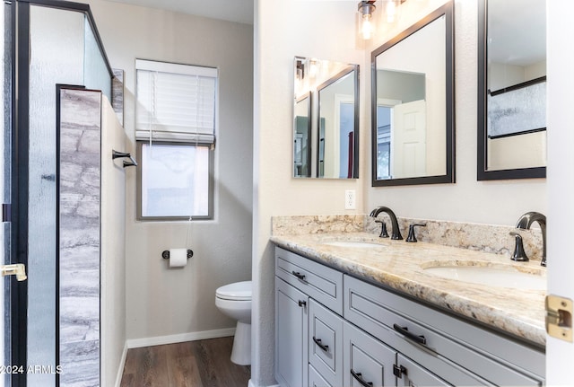 bathroom with hardwood / wood-style floors, vanity, and toilet