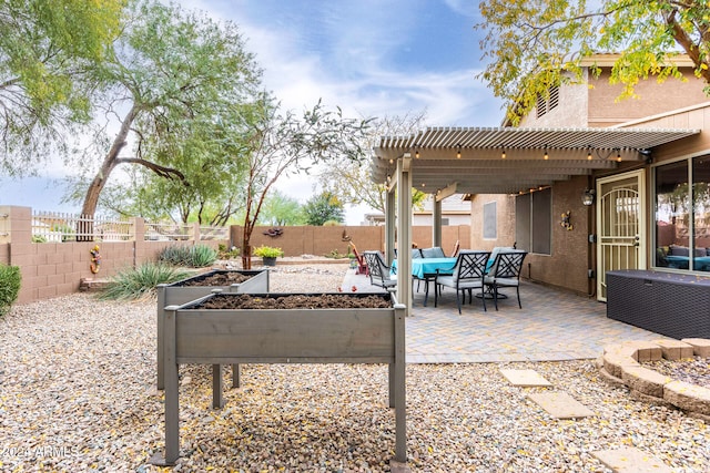 view of patio / terrace with outdoor lounge area and a pergola