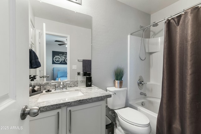 full bathroom with toilet, vanity, and shower / bathtub combination with curtain