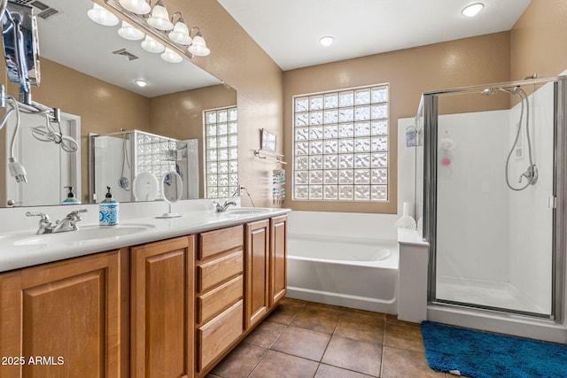 6245 W Maya Dr, Phoenix, AZ 85083 - full bath featuring a shower stall, a bath, double vanity, and tile patterned flooring