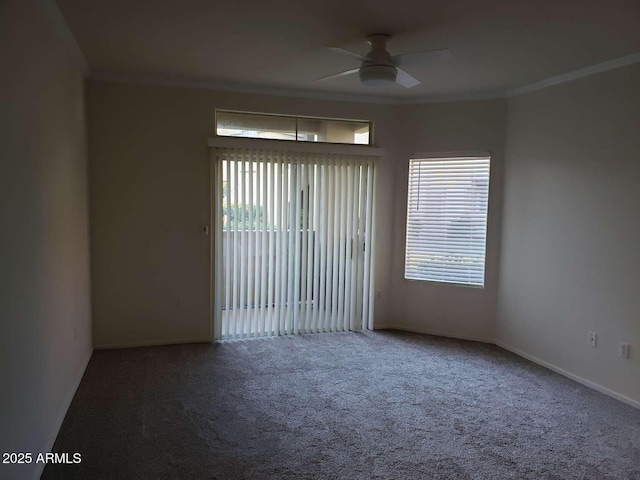 empty room with carpet, ceiling fan, and crown molding