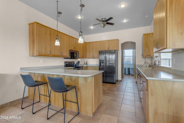 kitchen featuring refrigerator with ice dispenser, kitchen peninsula, light tile patterned floors, black electric range, and ceiling fan