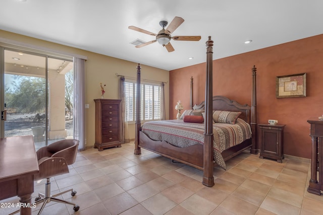 bedroom with light tile patterned floors, ceiling fan, and access to outside