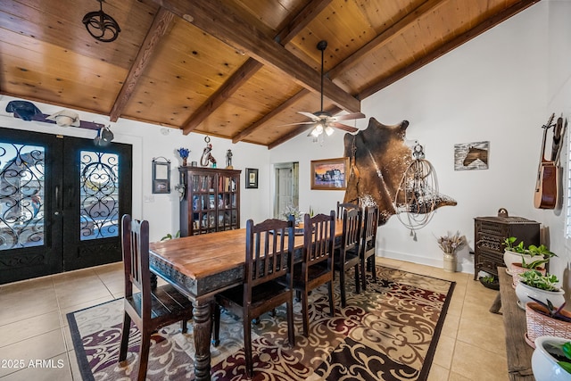 tiled dining area featuring french doors, wood ceiling, and lofted ceiling with beams