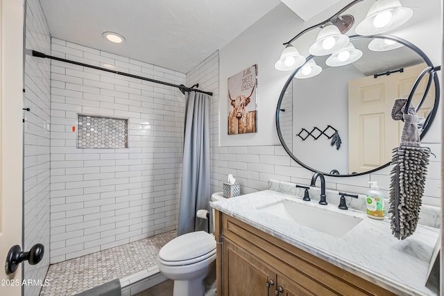 bathroom featuring curtained shower, tile walls, vanity, baseboard heating, and toilet