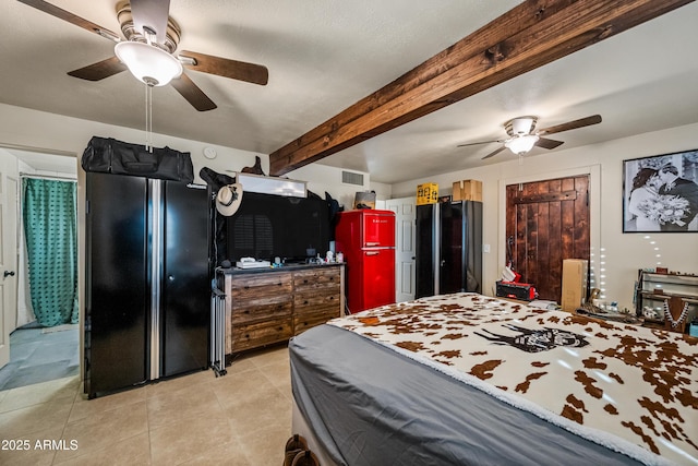 tiled bedroom with beam ceiling and ceiling fan