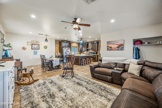 living room featuring ceiling fan