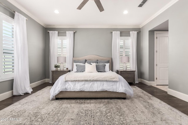 bedroom with recessed lighting, visible vents, ornamental molding, wood finished floors, and baseboards