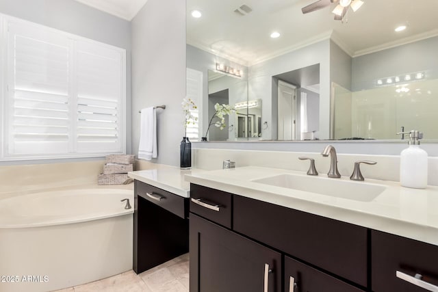 full bathroom with visible vents, ornamental molding, vanity, tile patterned flooring, and a bath