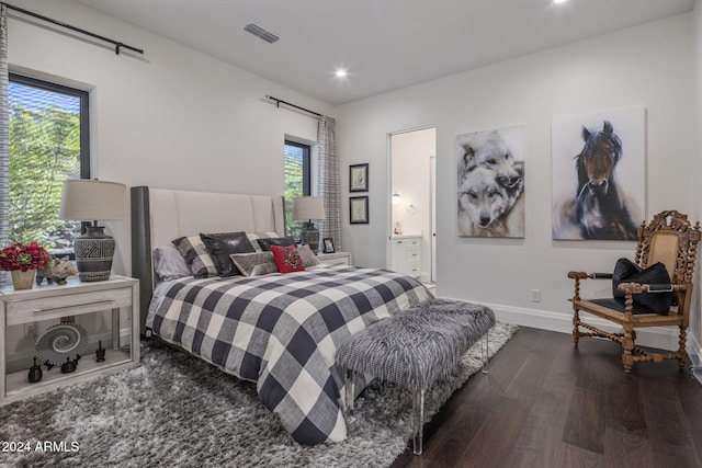 bedroom with multiple windows, ensuite bath, and dark wood-type flooring