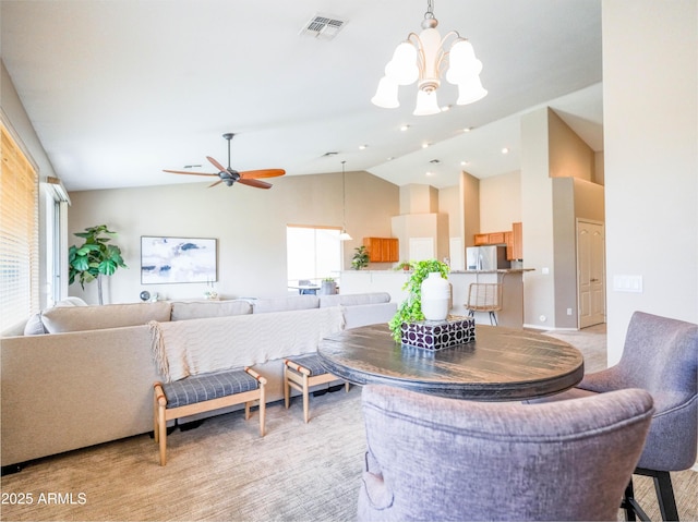 22986 S 208th St, Queen Creek, AZ 85142 - living area featuring a chandelier, high vaulted ceiling, and ceiling fan