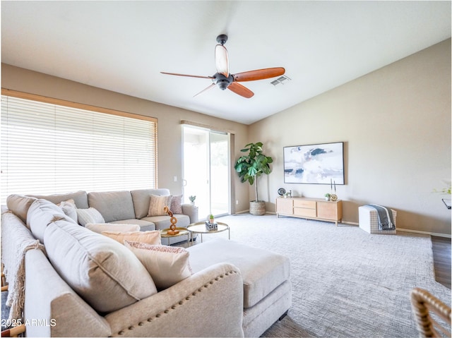22986 S 208th St, Queen Creek, AZ 85142 - living area featuring a ceiling fan, baseboards, lofted ceiling, and carpet flooring
