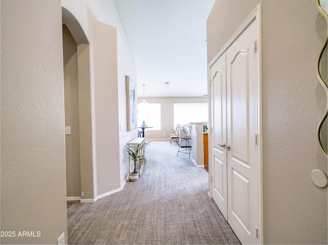 22986 S 208th St, Queen Creek, AZ 85142 - hallway with carpet floors, baseboards, arched walkways, and a textured wall