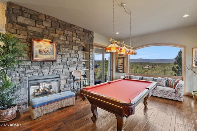 2800 E Morning Glory Cir, Payson, AZ 85541 - playroom featuring hardwood / wood-style flooring, a mountain view, recessed lighting, a stone fireplace, and billiards table