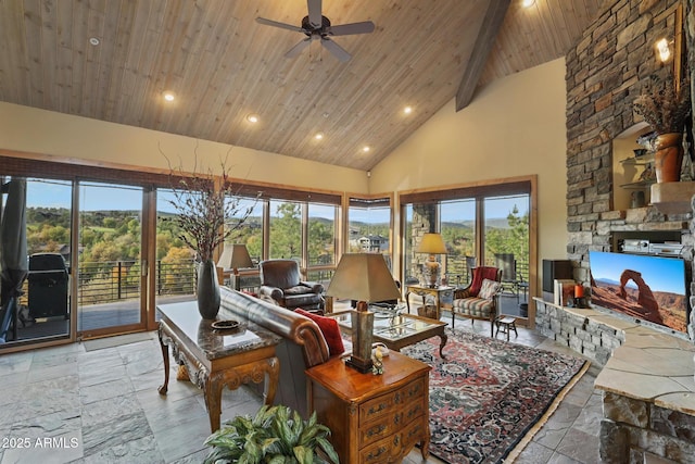 2800 E Morning Glory Cir, Payson, AZ 85541 - sunroom / solarium with wood ceiling, recessed lighting, high vaulted ceiling, healthy amount of natural light, and stone tile flooring