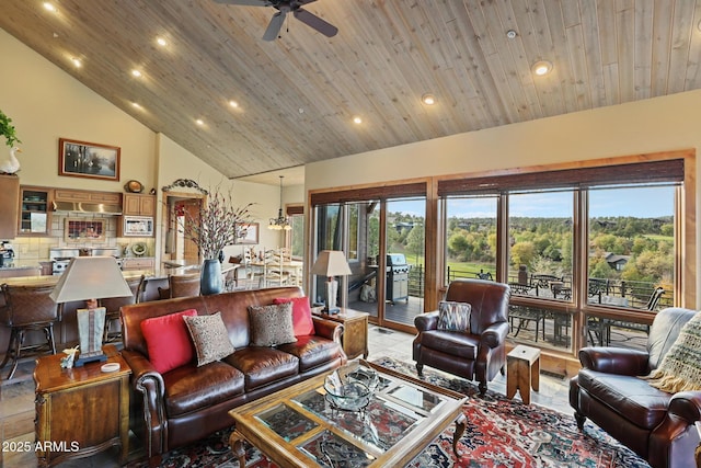 2800 E Morning Glory Cir, Payson, AZ 85541 - living area featuring high vaulted ceiling, recessed lighting, a ceiling fan, and wood ceiling