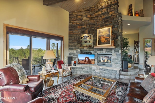 2800 E Morning Glory Cir, Payson, AZ 85541 - living area with high vaulted ceiling, healthy amount of natural light, a stone fireplace, and wooden ceiling