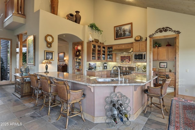 2800 E Morning Glory Cir, Payson, AZ 85541 - kitchen featuring stainless steel microwave, high vaulted ceiling, a sink, a breakfast bar, and light stone counters