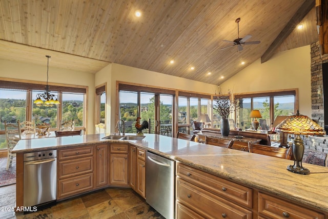 2800 E Morning Glory Cir, Payson, AZ 85541 - kitchen with dishwasher, a sink, healthy amount of natural light, a ceiling fan, and wooden ceiling with exposed beams