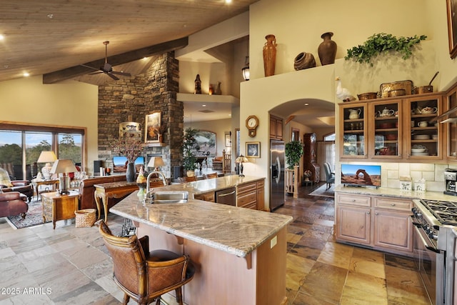 2800 E Morning Glory Cir, Payson, AZ 85541 - kitchen with a sink, appliances with stainless steel finishes, ceiling fan, high vaulted ceiling, and arched walkways
