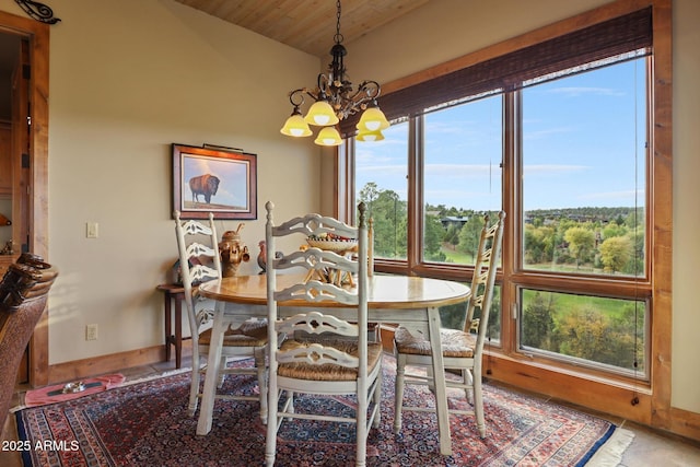 2800 E Morning Glory Cir, Payson, AZ 85541 - dining space featuring a chandelier, lofted ceiling, wood ceiling, and baseboards