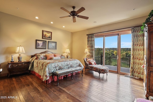 2800 E Morning Glory Cir, Payson, AZ 85541 - bedroom featuring access to outside, hardwood / wood-style floors, recessed lighting, and a ceiling fan