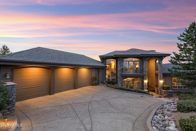 2800 E Morning Glory Cir, Payson, AZ 85541 - view of front of property with driveway, stone siding, a balcony, and an attached garage