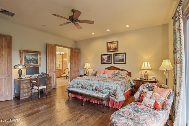 2800 E Morning Glory Cir, Payson, AZ 85541 - bedroom featuring hardwood / wood-style flooring, recessed lighting, a desk, a chandelier, and ceiling fan