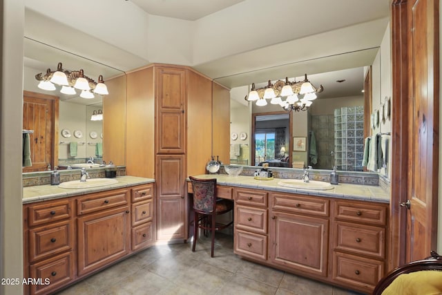 2800 E Morning Glory Cir, Payson, AZ 85541 - full bathroom featuring tile patterned flooring, vanity, a chandelier, and tiled shower